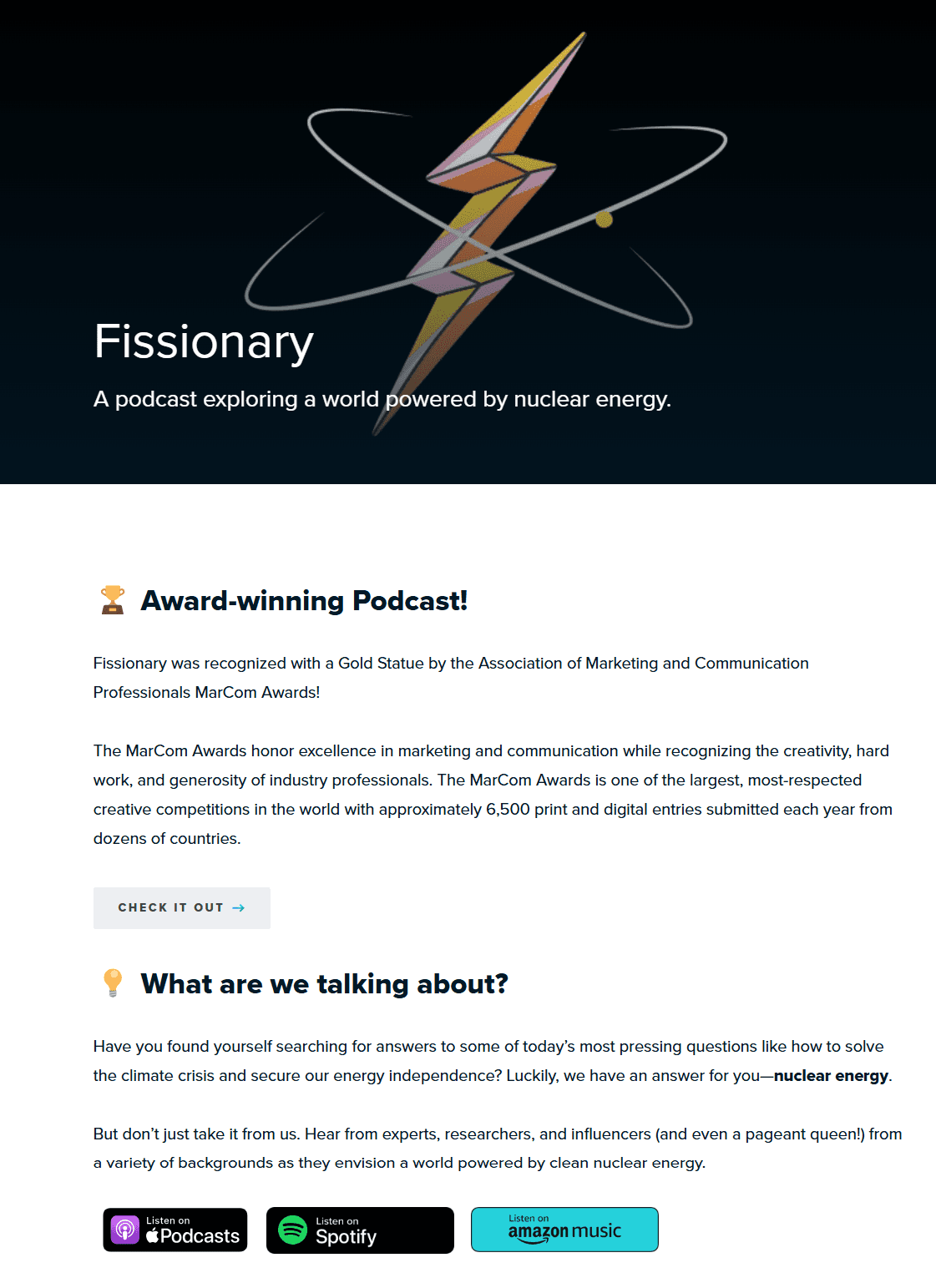 This landing page lets audiences know what they will learn from the Fissionary podcast.