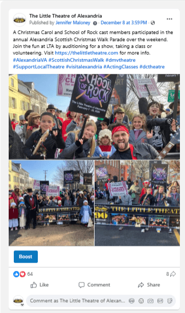 A Christmas Carol and School of Rock cast members participated in the annual Alexandria Scottish Christmas Walk Parade over the weekend.