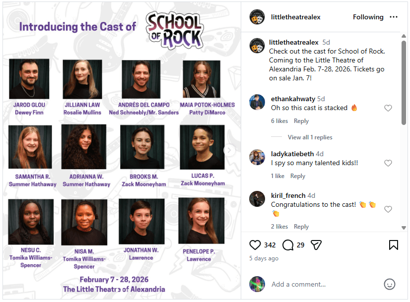 Check out the cast for School of Rock. Coming to The Little Theatre of Alexandria Feb. 7-28,
2026. Tickets go on sale Jan. 7.