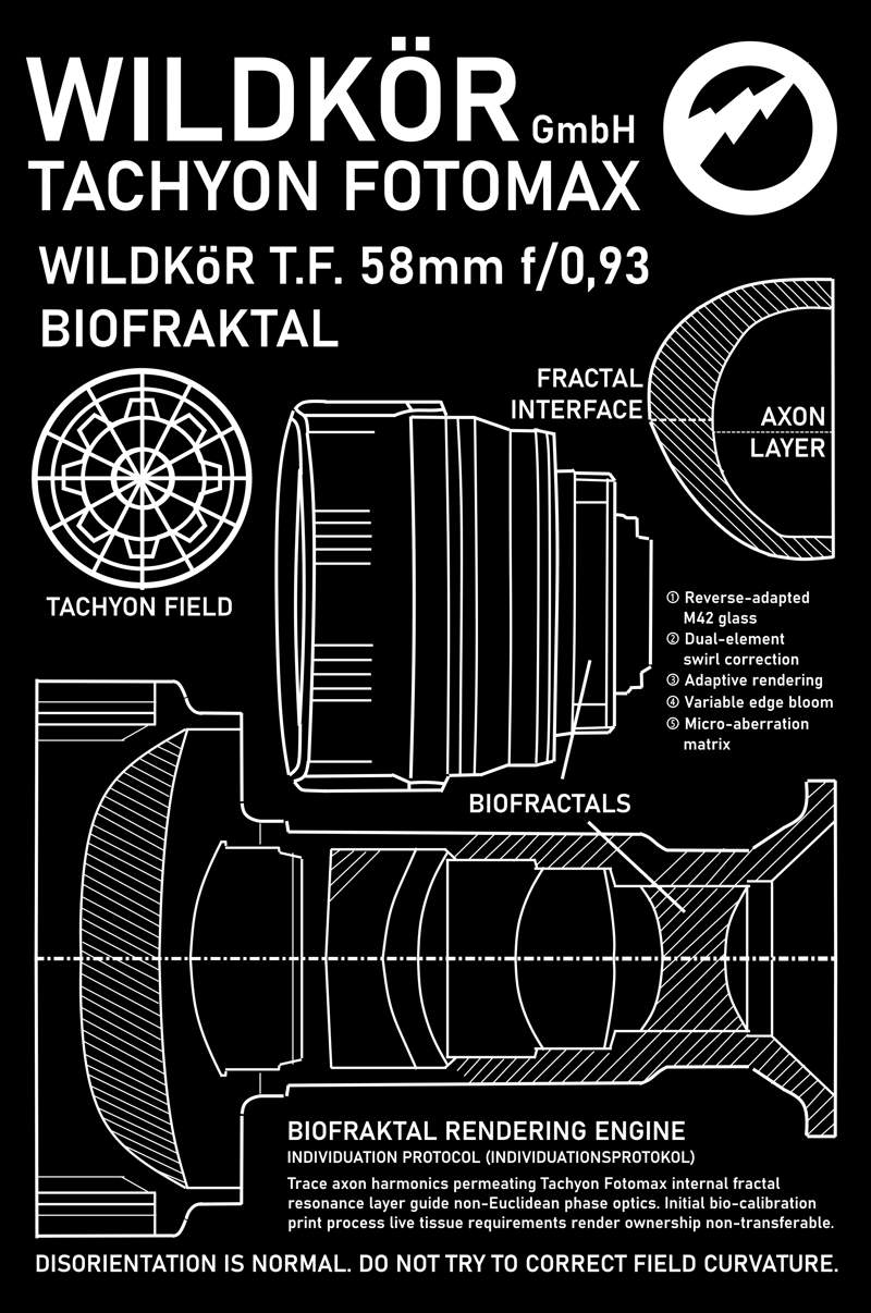 A white-on-black line-drawn poster showing technical drawings of a camera lens with text descriptions.