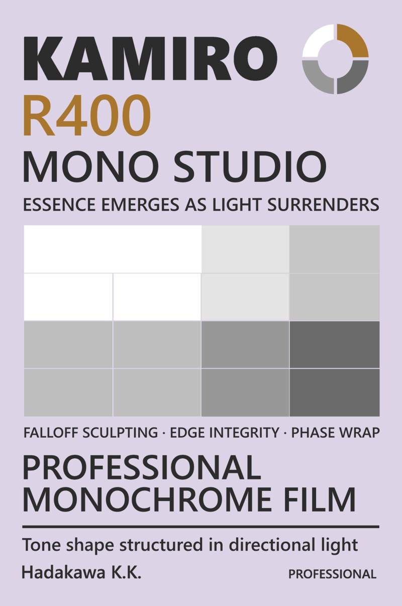 A poster for a monochrome film brand featuring a greyscale grid and product descriptions.
