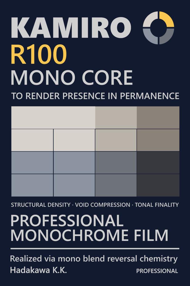 A poster for a monochrome film brand featuring a greyscale grid and product descriptions.