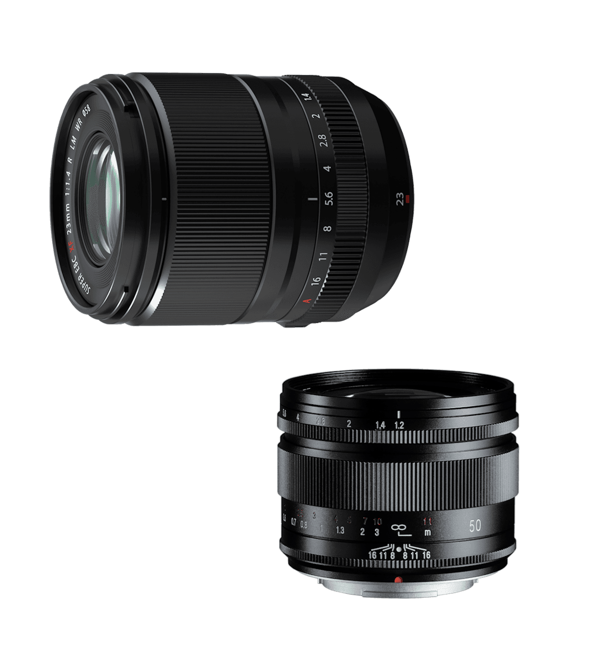 Two camera lenses: a 23mm prime and a 50mm prime