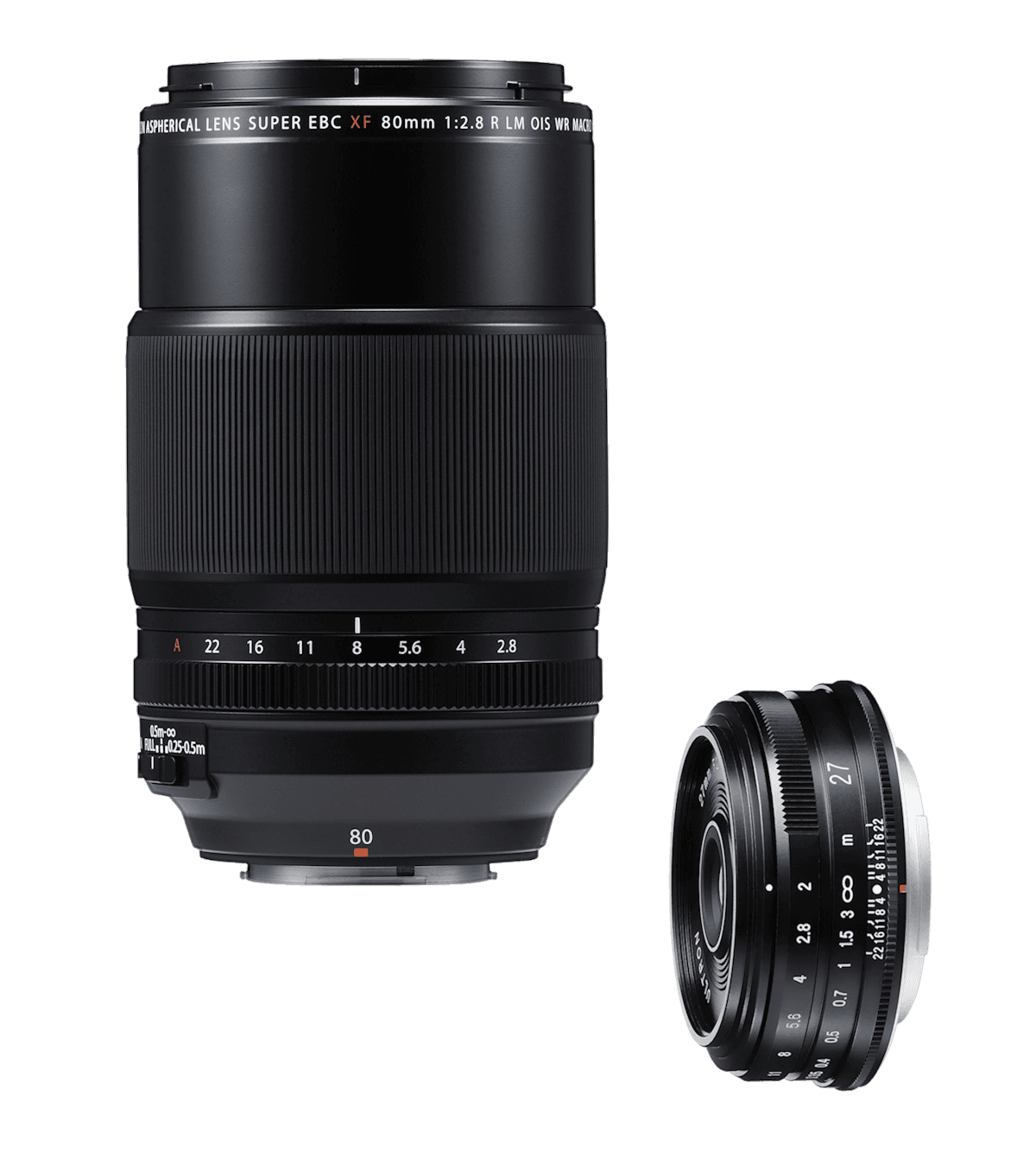 Two lenses: an 80mm prime and a 27mm prime