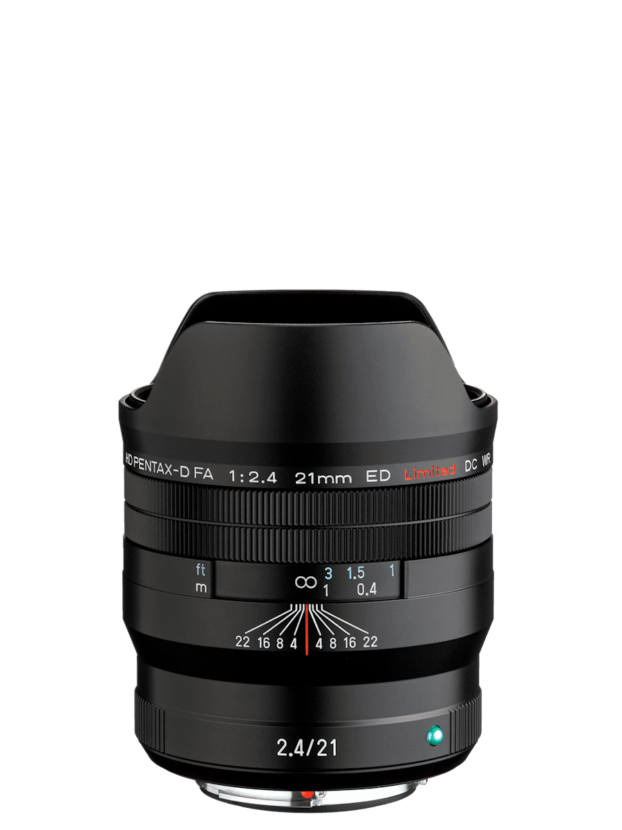 HD Pentax-D FA 21mm f/2.4 ED Limited DC WR prime lens, side view.