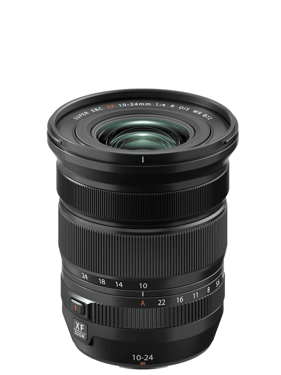 XF 10–24mm f/4 R OIS WR zoom lens, side view.