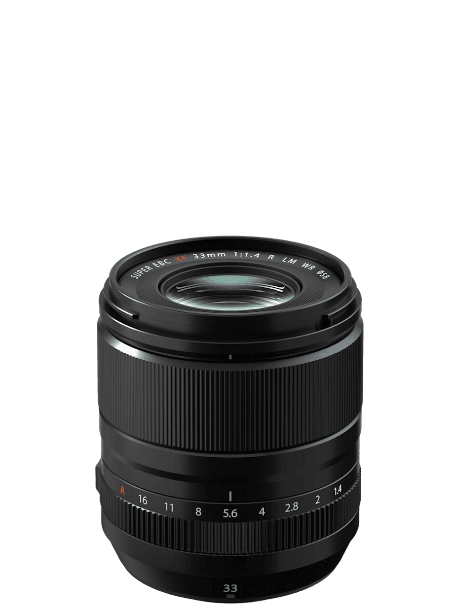 XF 33mm f/1.4 R LM WR prime lens, side view.