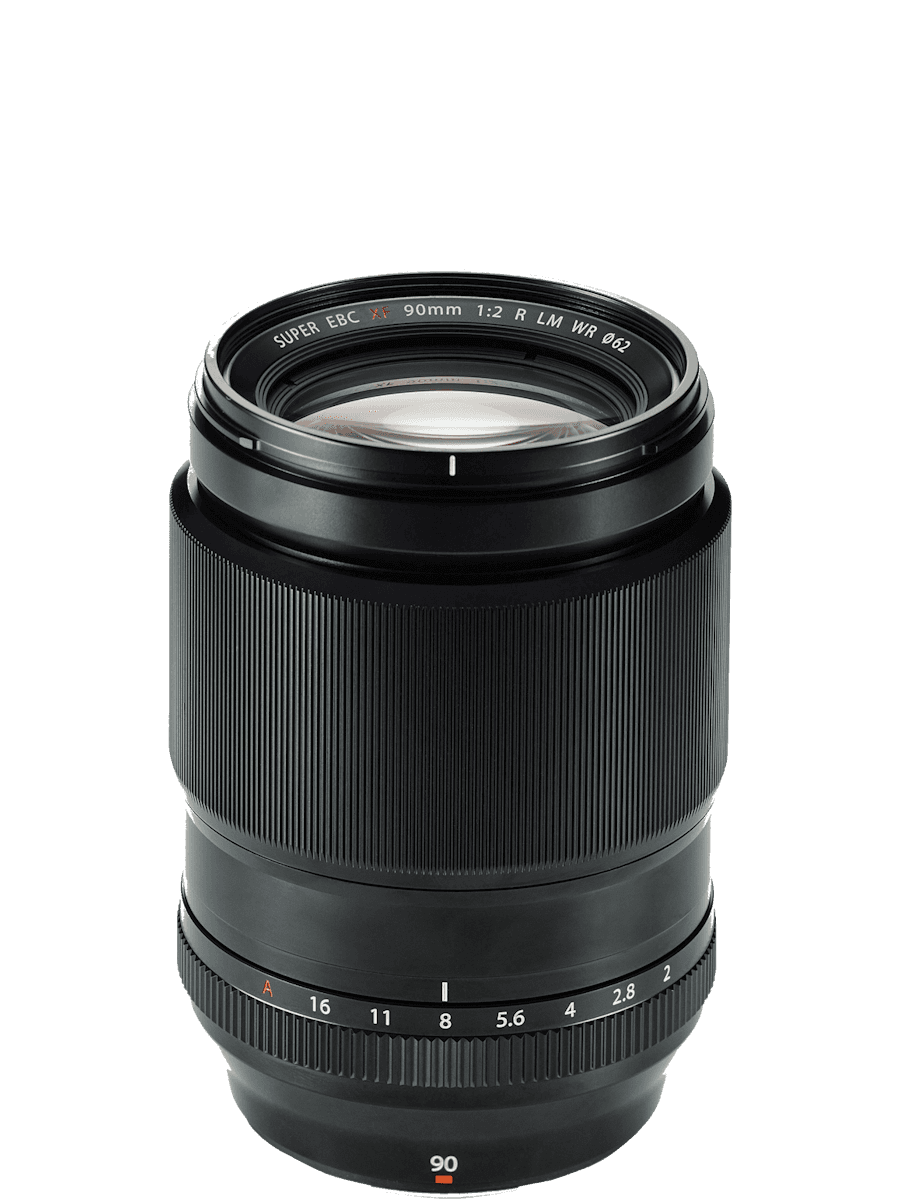 XF 90mm f/2 R LM WR prime lens, side view.