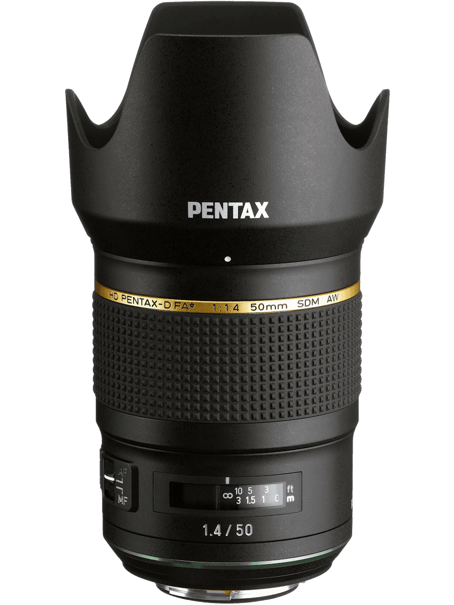 HD Pentax-D FA★50mm f/1.4 SDM AW prime lens, side view.
