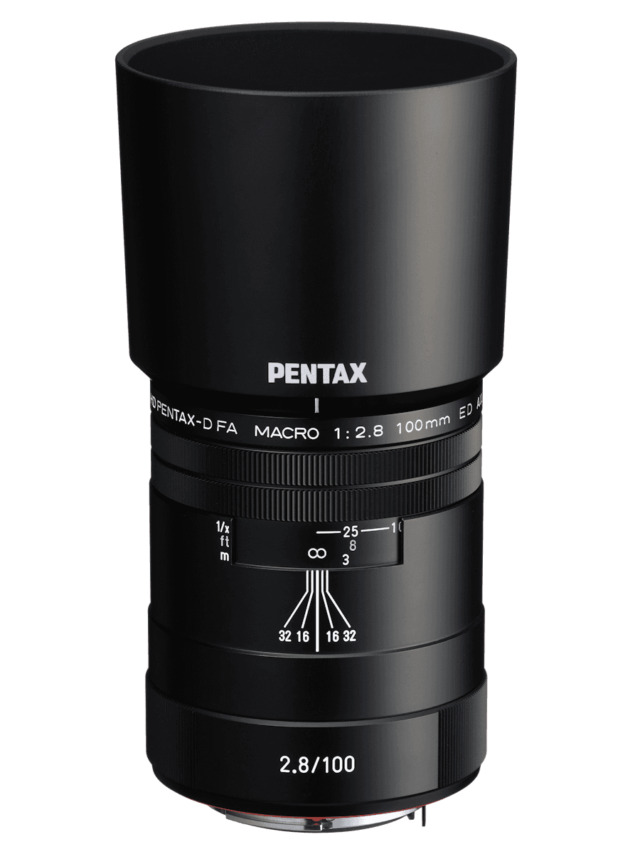 HD Pentax-D FA 100mm f/2.8 ED AW Macro prime lens, side view.