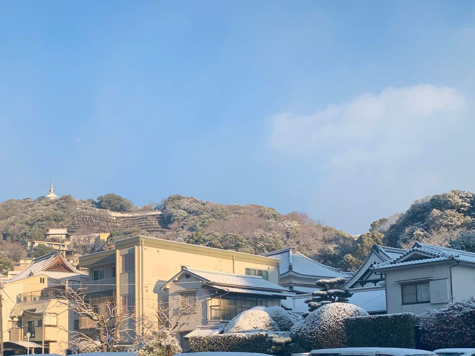 Peace Tower in the snow, seen from the base of Mt. Futaba, Hiroshima, Japan.