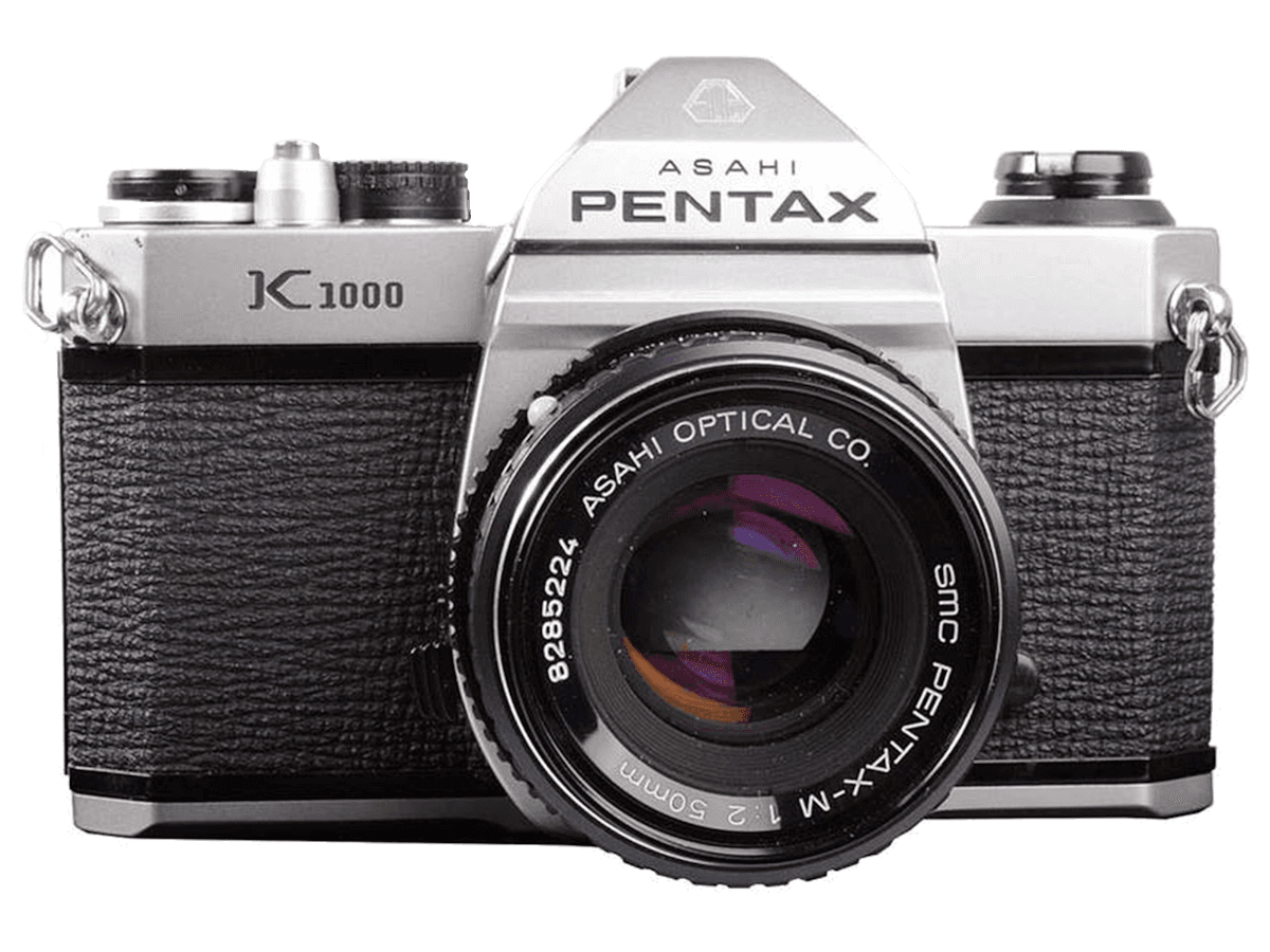 Asahi Pentax K1000 with SMC Pentax-M 50mm f/2 prime lens mounted.