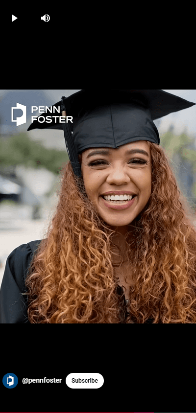 Phone with a video of a female graduate on the screen with the Penn Foster logo in the corner.