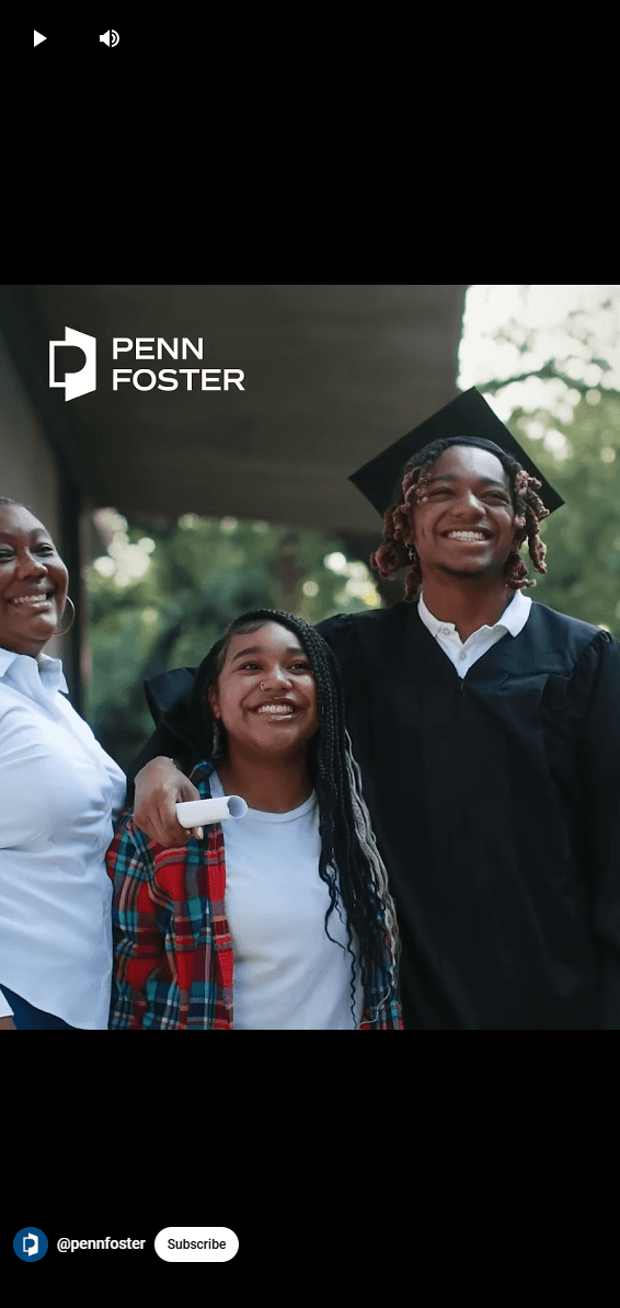 Phone with a video of a female graduate on the screen with the Penn Foster logo in the corner.