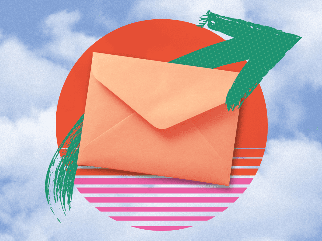 An 80's styled image of a letter with an arrow