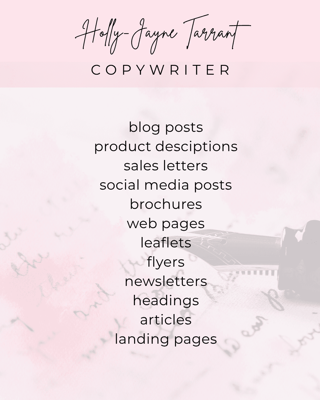 UK content writer and copywriter. Pink flyer advertising copywriting services for small businesses. 