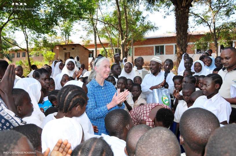 Dr. Jane Goodall smiling and clapping, surrounded by a large group of smiling schoolchildren in white uniforms in Tanzania.