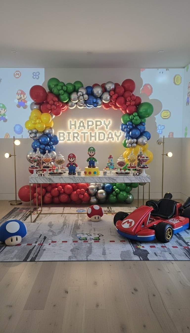 A vibrant Super Mario themed dessert table with a balloon arch, custom cakes, Mario and Luigi figures, gold coins, a Mario Kart ride-on car