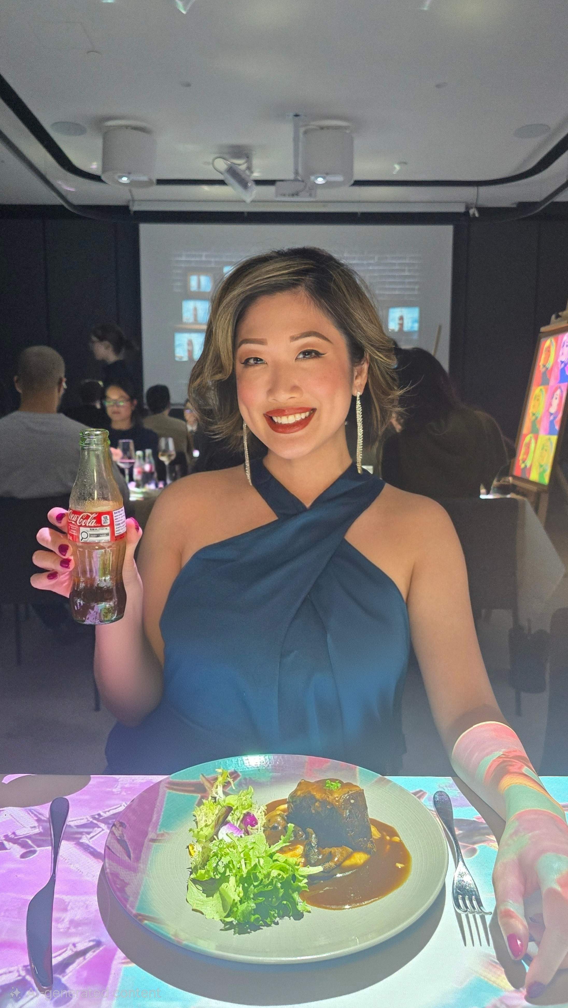 BETTY smiles, holding a Coca-Cola bottle with the Andy Warhol-inspired beef short rib course at 7 Paintings Toronto 