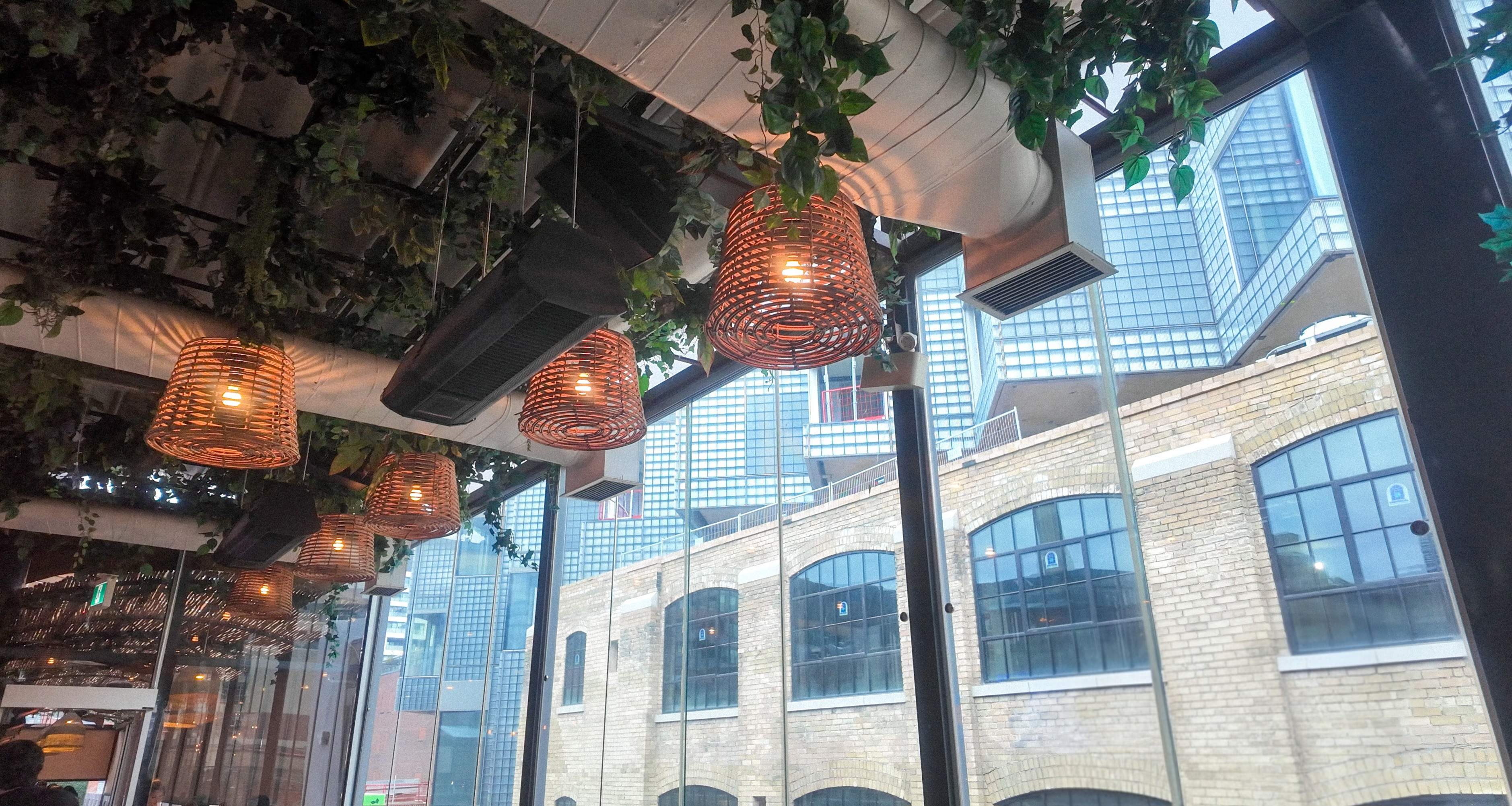 Day-time view of Baro Toronto's rooftop patio with a lush green ivy ceiling and hanging wicker basket lights
