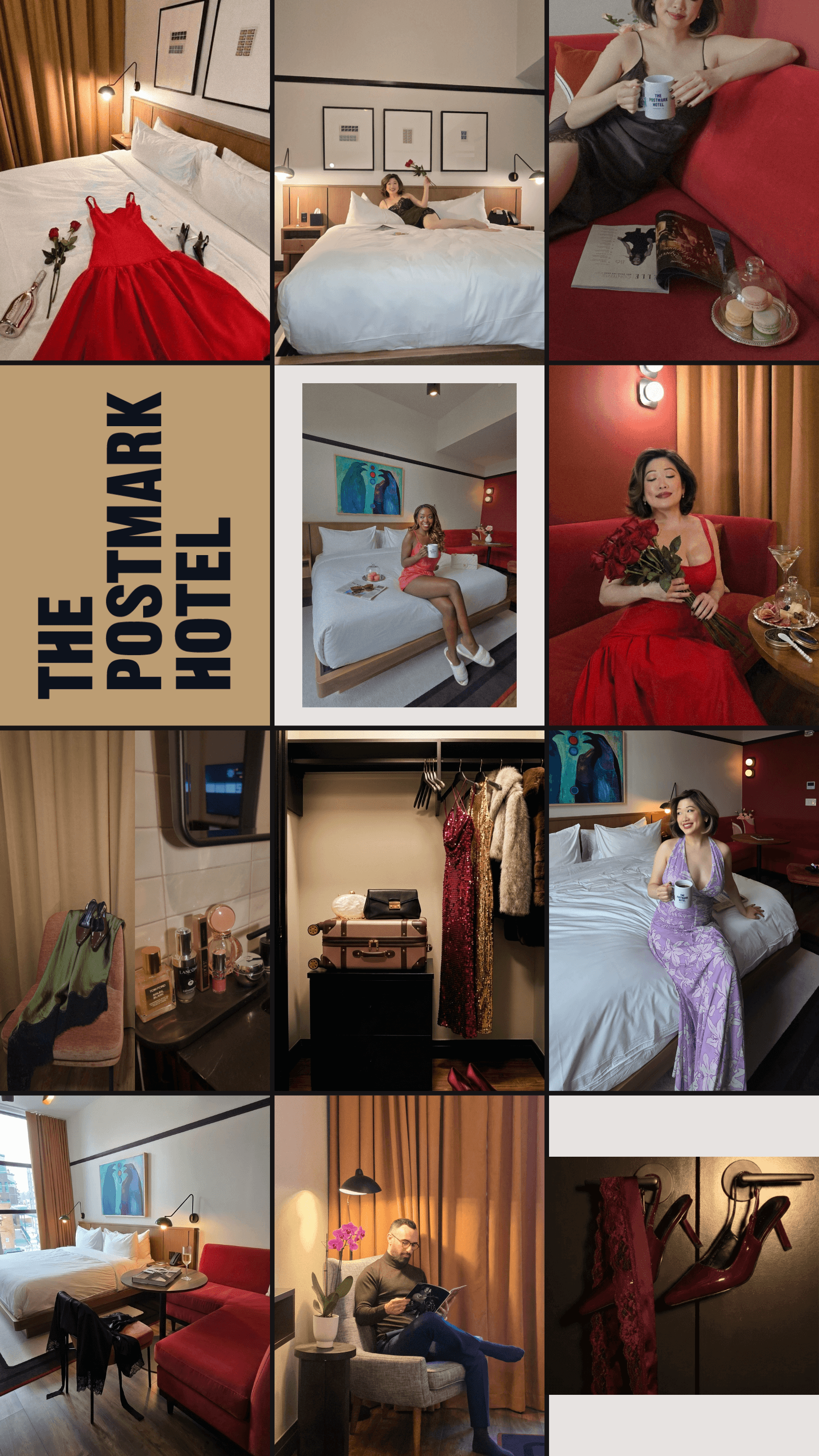 A 9-grid portfolio collage of a luxury stay at The Postmark Hotel, featuring a woman in elegant gowns, aesthetic room details, and roses.