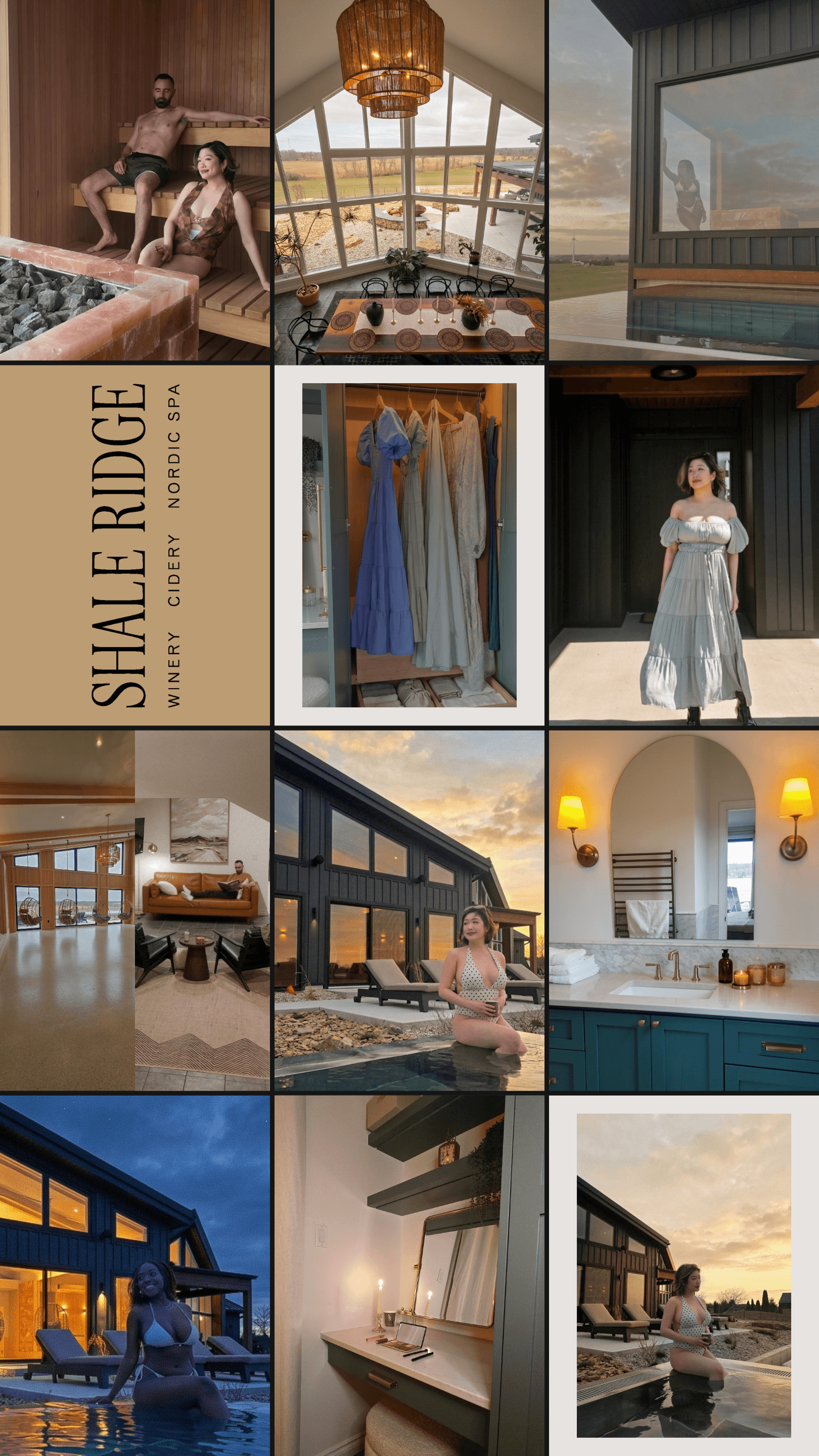 A 9-grid portfolio collage of a luxury stay at Shale Ridge Nordic Spa, featuring sunset pool shots, a sauna, an aesthetic cabin interiors
