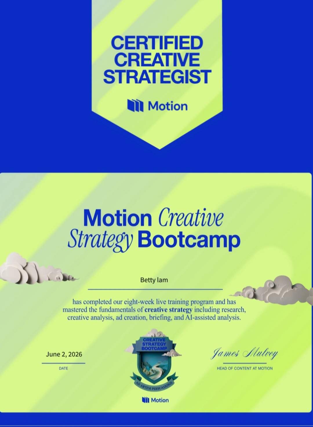 Certified Creative Strategist. Motion Creative Stratefy Bootcamp 2026 . Evan Lee.