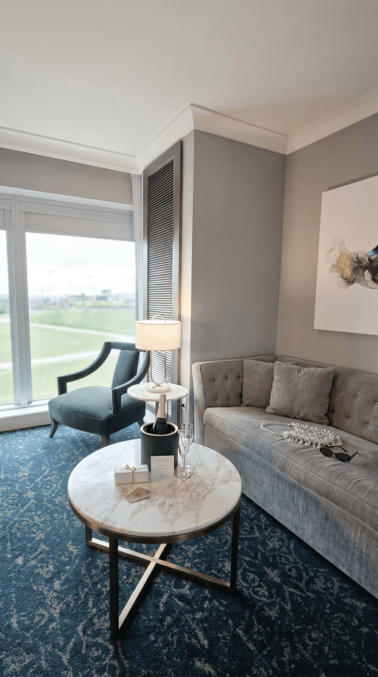 Modern hotel suite living room at Sutton Place Halifax with a grey sofa, green chair, and a marble coffee table featuring champagne