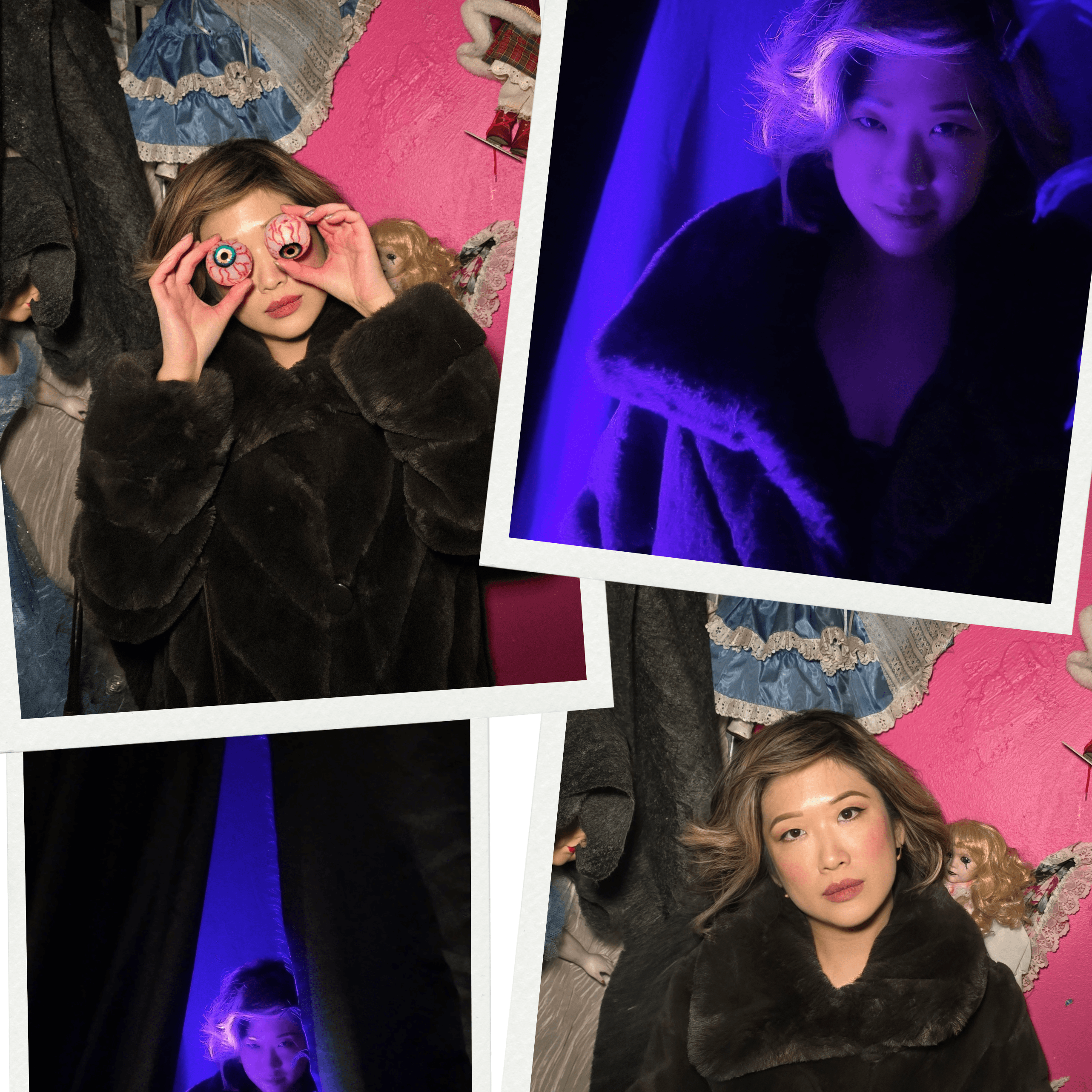 Collage of Betty Lam in a fur coat at a spooky Halloween event. Woman holds eyeball donuts, poses in eerie purple light.