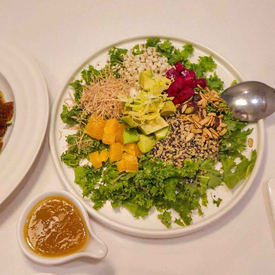 QJD Markham six treasure nutritious salad with kale avocado quinoa orange red dragon fruit mixed nuts and barley rice served with dressing h