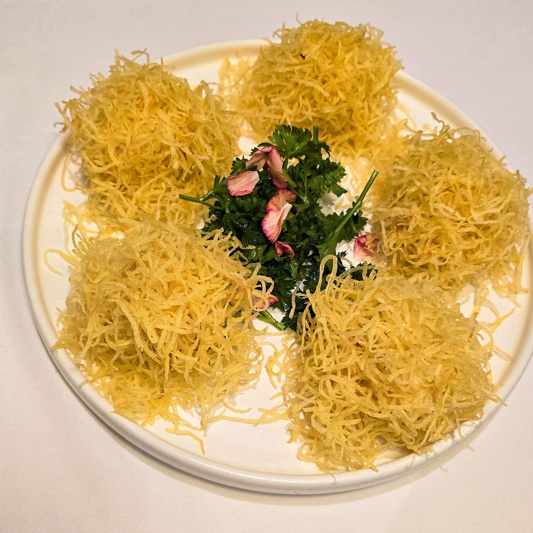 QJD Markham signature Mustard Shrimp Balls 金缕芥末虾球 served on white plate with shrimp encased in delicate golden crispy threads garnished with