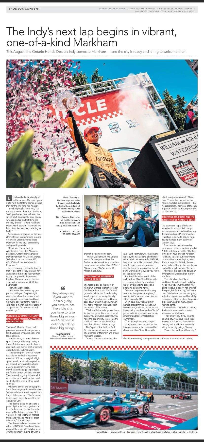 Print layout of article Jessica Aftimus Rosa wrote for Destination Markham x The Globe and Mail Content Studio highlighting the Indy race