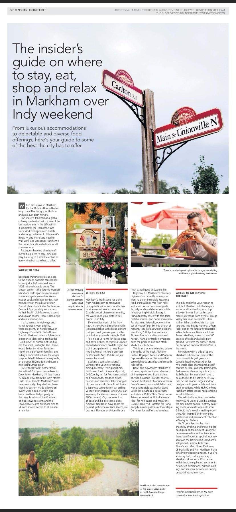 Print layout of insider guide to visiting Markham that Jessica Aftimus Rosa wrote for Destination Markham x Globe and Mail Content Studio