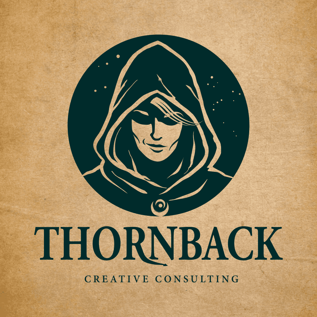 Logo of a magical smirking woman with a dark cowl.