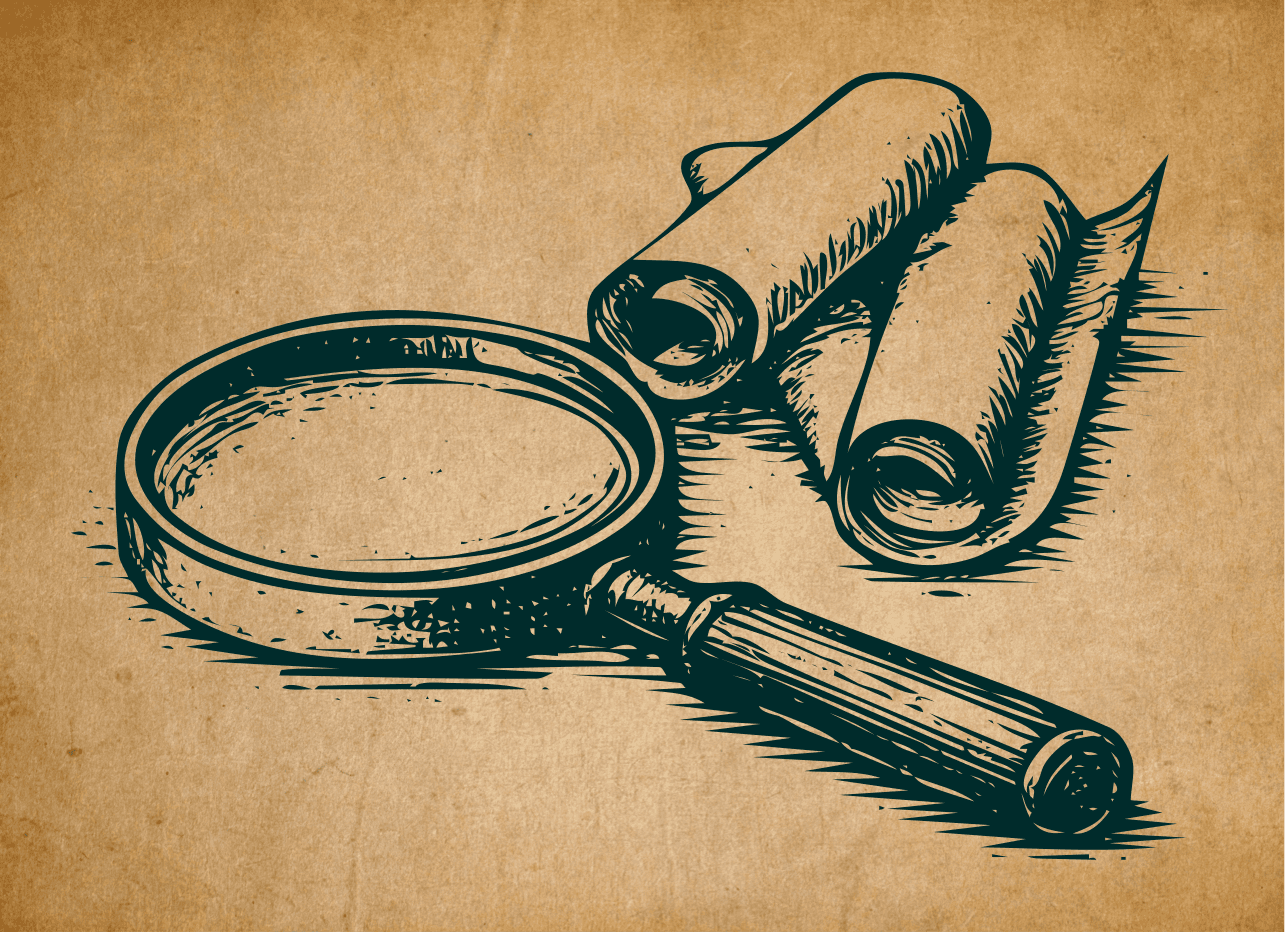 Ink line art of a magnifying glass with scrolls - discovery call icon