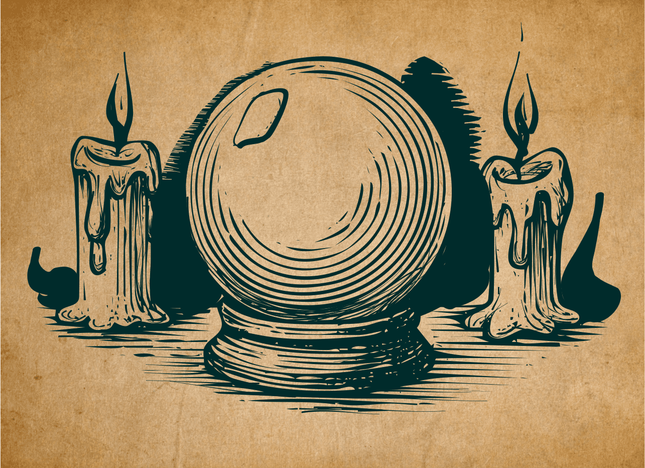 Ink line drawing of a crystal ball with candles - custom projects icon for deeper brand voice development