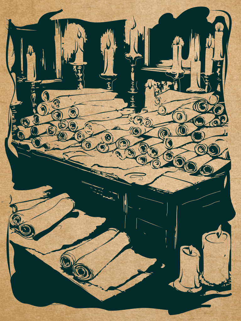 Ink drawing on parchment of a magical desk littered with scrolls- storytelling