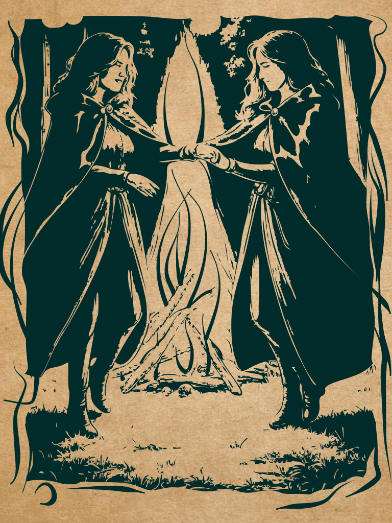 Sketch ink drawing of two magical women dancing around a fire.
