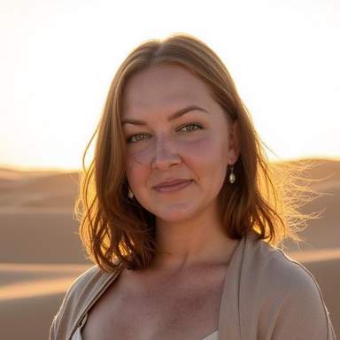 A portrait of Dana in front of sand dunes with wind blown hair.