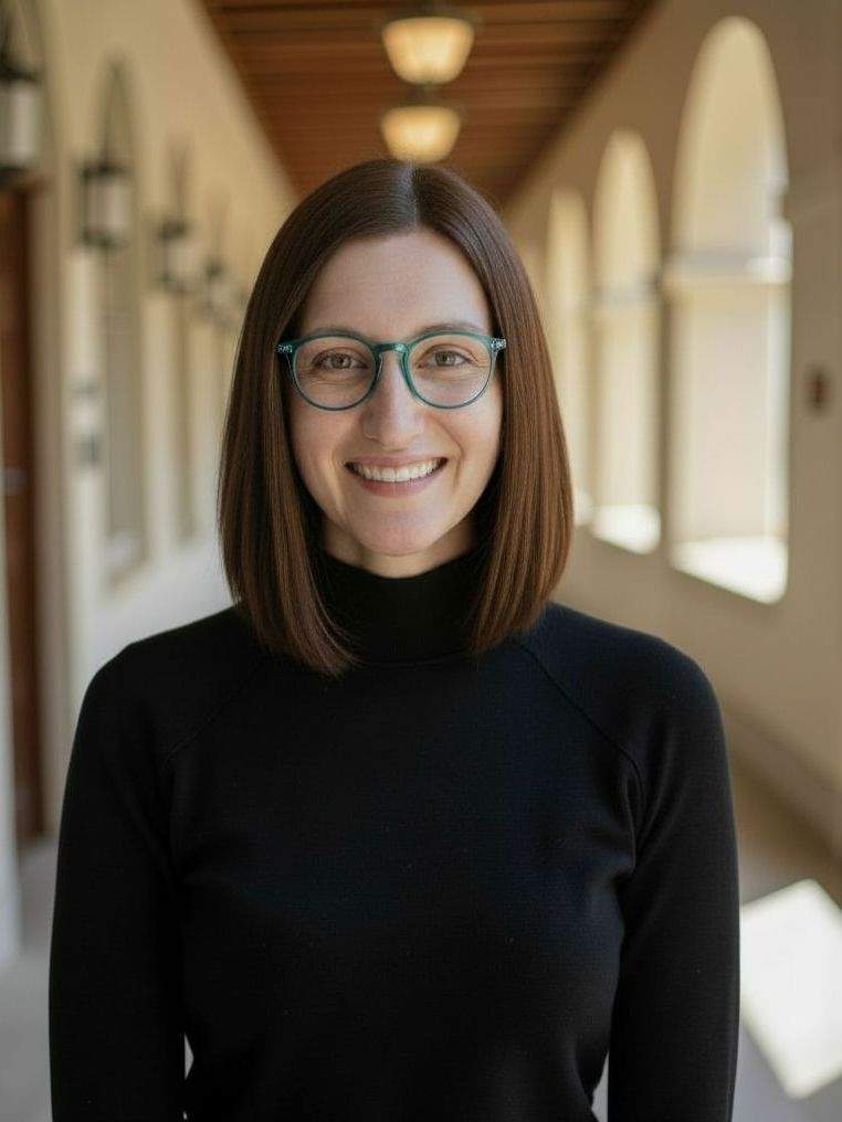 Photo of Nancy Hardy, commPhoto of Nancy Hardy, communications specialist, smiling broadly and wearing a black sweater and teal-framed eyegl