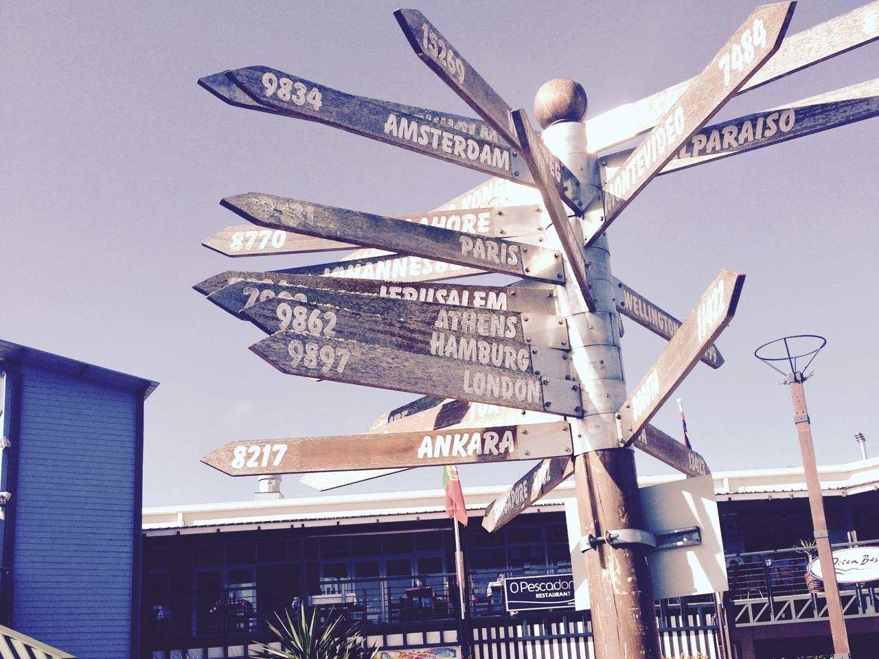 Multi-directional signpost showing distances to cities worldwide, at Knysna Waterfront, South Africa.